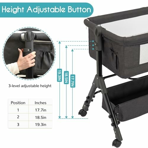 Cuna ajustable en altura con botón regulable.