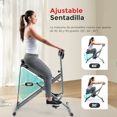 Mujer usando máquina de sentadillas ajustable con diferentes ángulos.