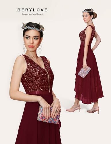 Mujer con vestido burdeos brillante y bolso floral.