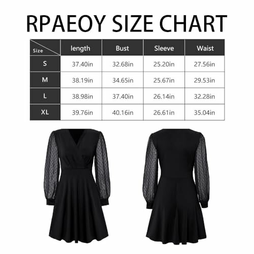 Tabla de tallas para vestido negro con medidas de largo, busto, manga y cintura.