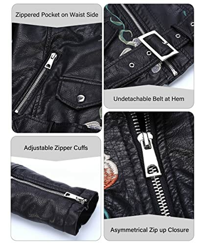 Detalles de una chaqueta de cuero negra con cremallera.