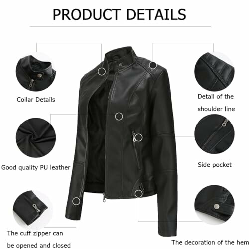 Chaqueta de cuero negra con detalles de diseño y características.