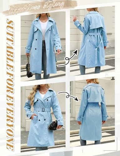 Mujer vistiendo un abrigo azul claro estilo trench desde diferentes ángulos.