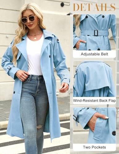 Mujer con abrigo azul claro, cinturón ajustable y solapa trasera.