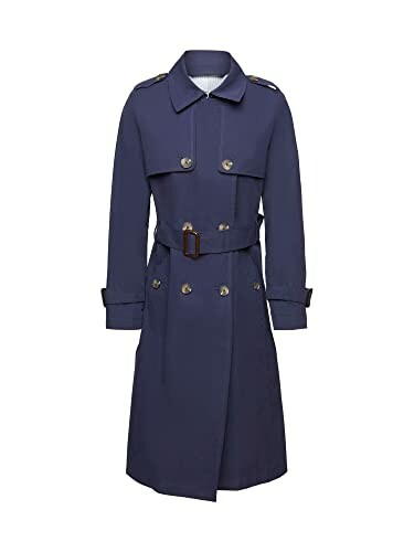 Abrigo trench azul clásico con cinturón y botones.