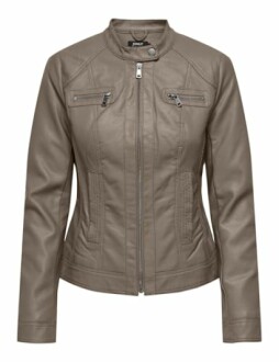 Chaqueta de cuero marrón para mujer con cremalleras.