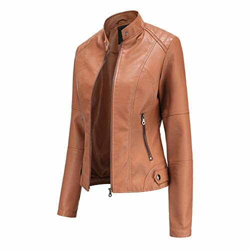 Chaqueta de cuero marrón para mujer con cremalleras.