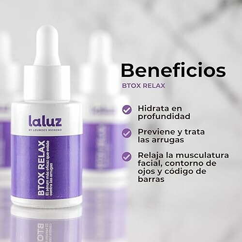 Botellas de suero Btox Relax con beneficios descritos.
