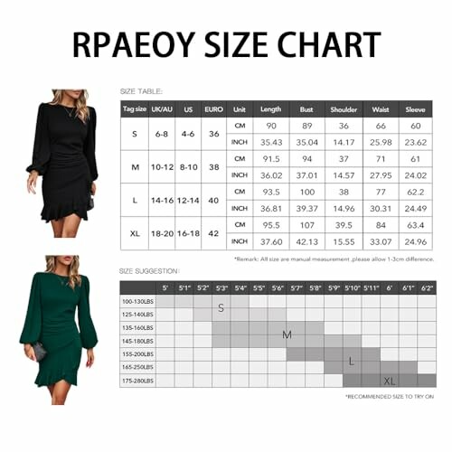 Tabla de tallas para vestidos con medidas en CM y pulgadas.