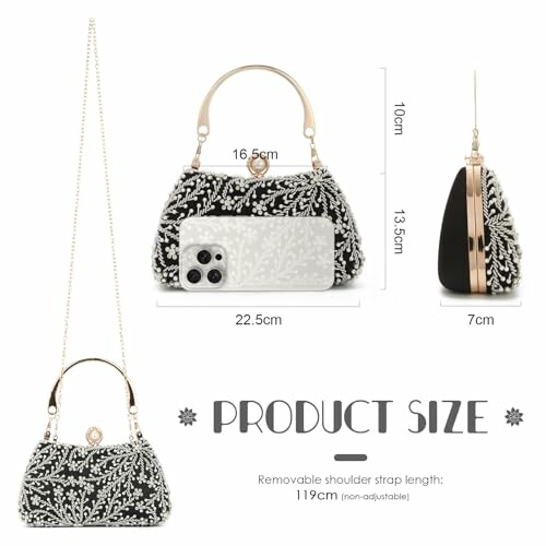 Tamaño del bolso de mano adornado con cuentas y correa removible.