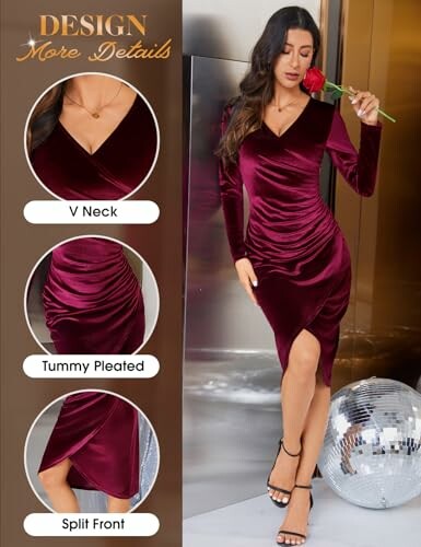 Mujer con vestido burdeos elegante y detalles de diseño.