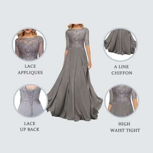 Vestido elegante gris con encaje y gasa.