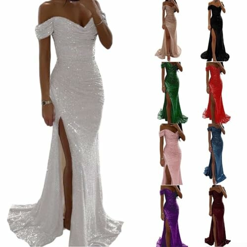 Vestido elegante con hombros descubiertos y abertura lateral en varios colores.