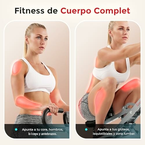 Mujer realizando ejercicios de cuerpo completo en gimnasio.