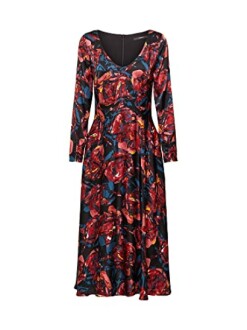 Vestido floral de manga larga en tonos rojos y azules.