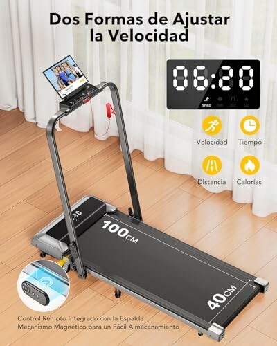 Cinta de correr plegable con soporte para tableta y pantalla digital.