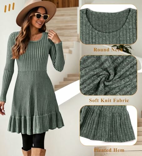 Mujer con vestido de punto verde de manga larga.