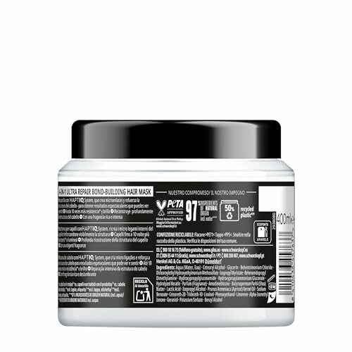 Parte trasera de un tarro de mascarilla capilar con etiquetas y texto en varios idiomas.