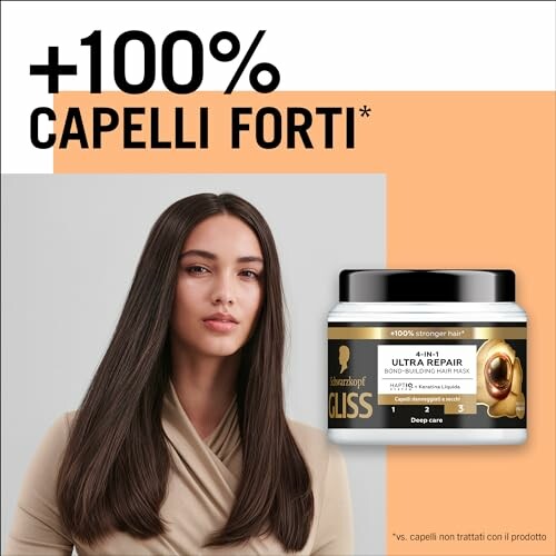 Mujer con cabello largo junto a un producto de mascarilla capilar.