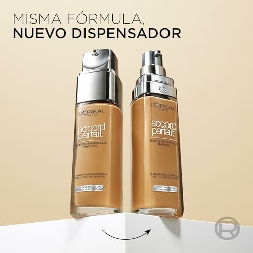 Dos botellas de base de maquillaje L'Oréal Accord Parfait con nuevo dispensador.