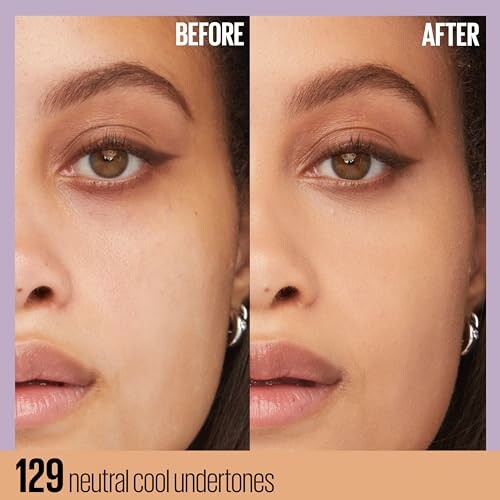 Comparación de rostro antes y después del maquillaje, tono neutro frío.