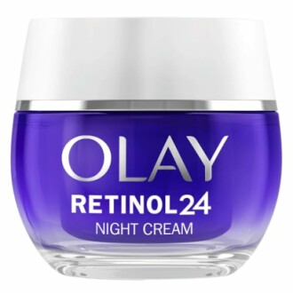 Crema de noche Olay Retinol24 en envase morado.