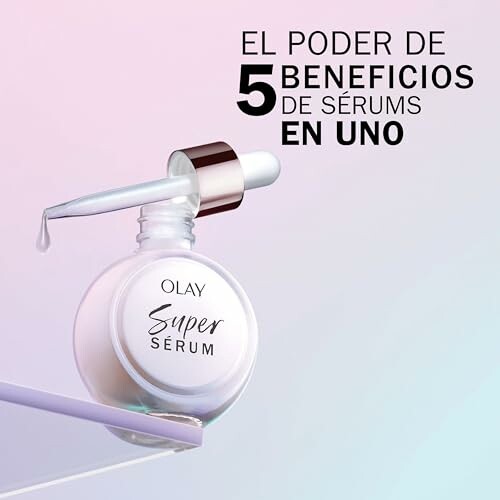 Botella de Olay Super Serum con gotero y texto promocional.