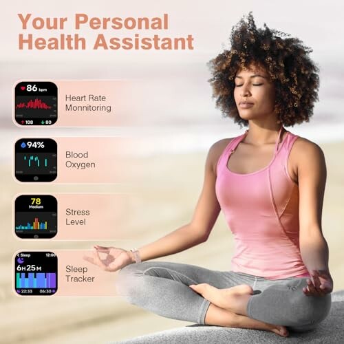 Mujer meditando con dispositivos de salud personal.