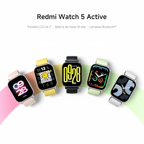 Cinco relojes inteligentes Redmi Watch 5 Active con diferentes diseños de pantalla.