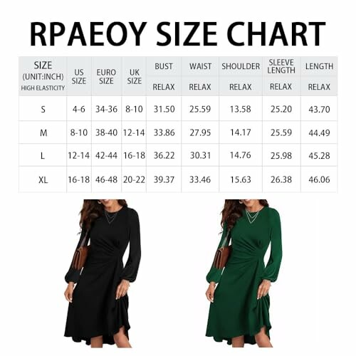 Tabla de tallas de vestidos RPAEOY con imágenes de vestidos en negro y verde.