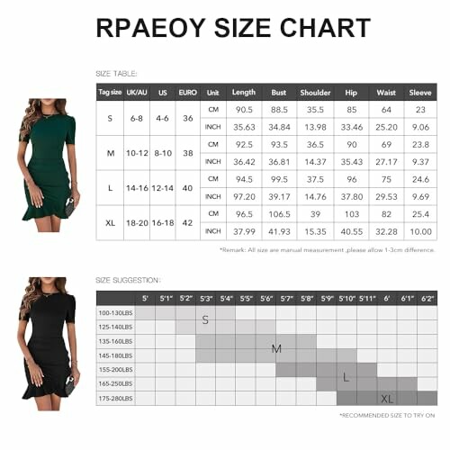 Tabla de tallas de ropa con medidas y sugerencias de tamaño.