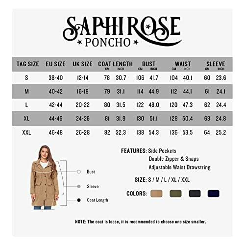 Tabla de tallas para poncho Saphi Rose con medidas en pulgadas y centímetros.
