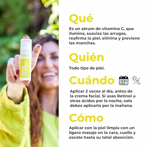 Instrucciones de uso para un sérum de vitamina C.
