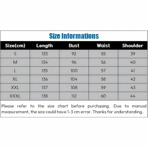 Tabla de tallas para vestido con medidas en centímetros