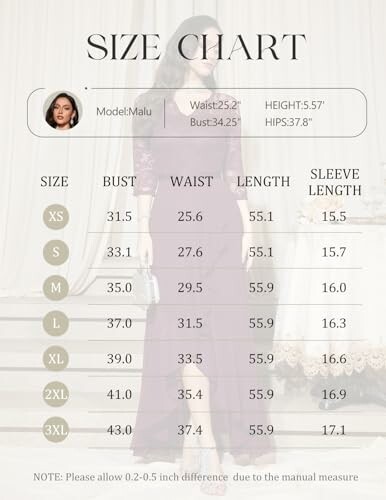 Tabla de tallas de vestido con medidas en pulgadas