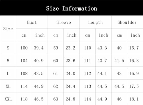 Tabla de tallas con medidas en cm y pulgadas para busto, manga, largo y hombro.