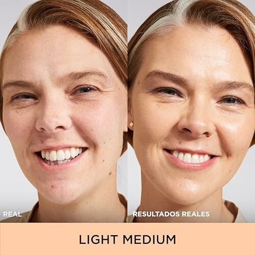 Comparación de rostro antes y después del maquillaje en tono claro medio.