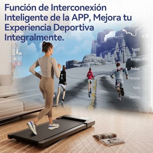 Persona corriendo en cinta con app virtual de ejercicio.