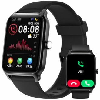 Reloj inteligente negro con pantalla de fitness y llamada.