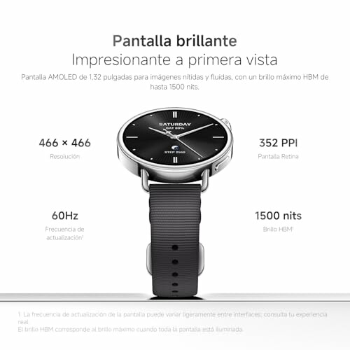Pantalla brillante de un reloj inteligente con especificaciones técnicas.