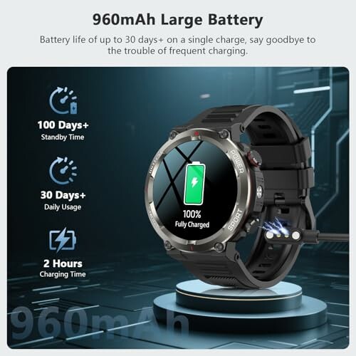 Reloj inteligente con batería de larga duración y carga completa.