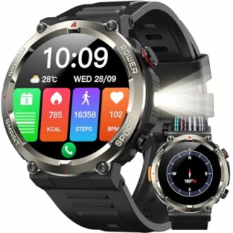 Reloj inteligente con pantalla táctil y múltiples funciones.