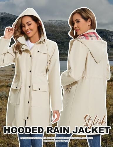 Mujer con chaqueta impermeable con capucha en un paisaje montañoso.