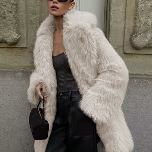 Mujer con abrigo de piel blanca y bolso negro.