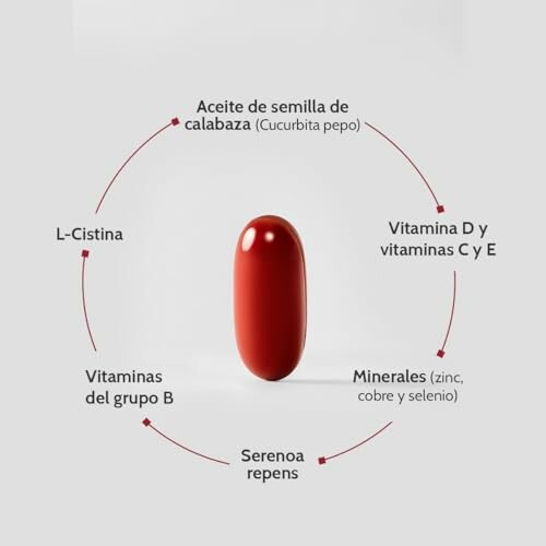 Cápsula roja con ingredientes como aceite de semilla de calabaza, vitaminas y minerales.