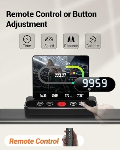 Panel de control de cinta de correr con ajustes de tiempo, velocidad, distancia y calorías.