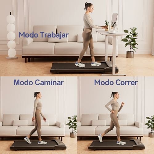 Mujer usando cinta de correr en modo trabajar, caminar y correr.