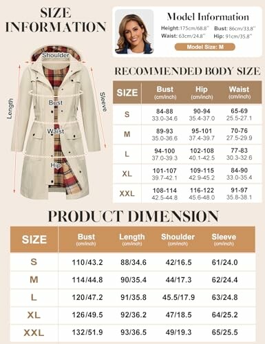 Tabla de tallas de abrigo para mujer con información de medidas.