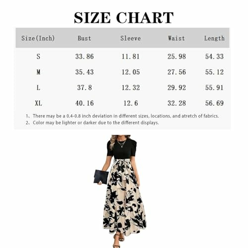 Tabla de tallas para vestido de mujer con medidas en pulgadas.