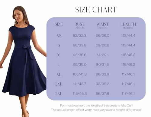 Tabla de tallas para vestido azul marino de mujer.